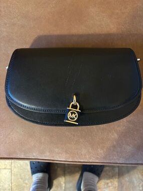 Michael Kors Black Leather Shoulder Bag with Gold Padlock